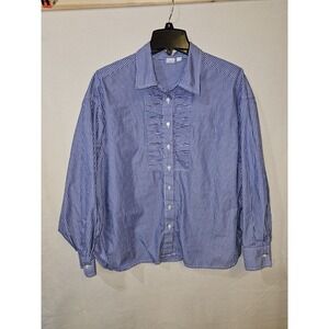 Gap Women's Striped Long Sleeve Blue and White Button Down Sz Large
